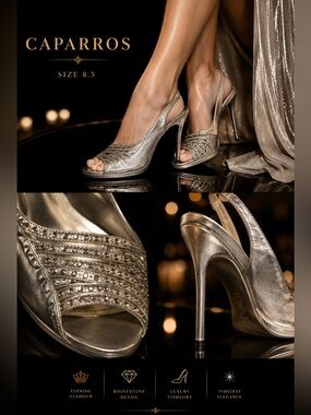 Caparros Silver Rhinestone Peep-Toe Slingback Heels